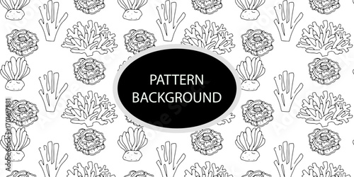 Outline popular coral reef pattern background. Coral reef or seaweeds vector underwater plant icons. Naive style leaves, algae or fronds. Hand drawn vector ink illustration. Corals and seaweed. 