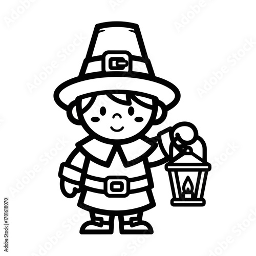 cute black and white pilgrim child holding a lantern