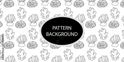 Outline popular coral reef pattern background. Coral reef or seaweeds vector underwater plant icons. Naive style leaves, algae or fronds. Hand drawn vector ink illustration. Corals and seaweed. 