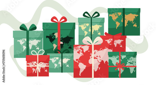 Gifts Wrapped With World Maps Representing Global Presents.