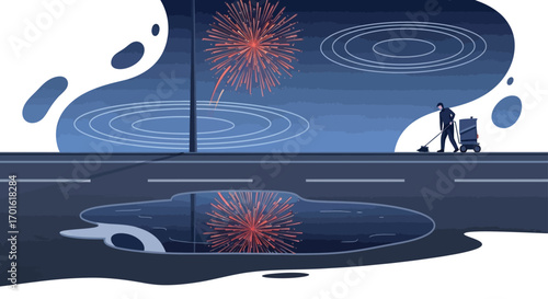 Car reflection in puddle with fireworks overhead.