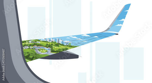 Airplane wing with a green landscape and blue sky.