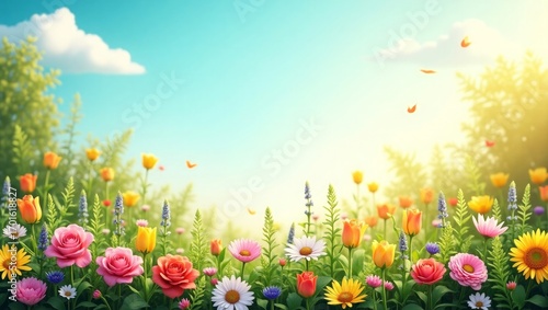 Sunny Spring Meadow Vibrant Flowers Tulips Roses Daisies