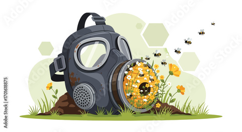 Gas mask protecting a beehive from flying insects in nature.
