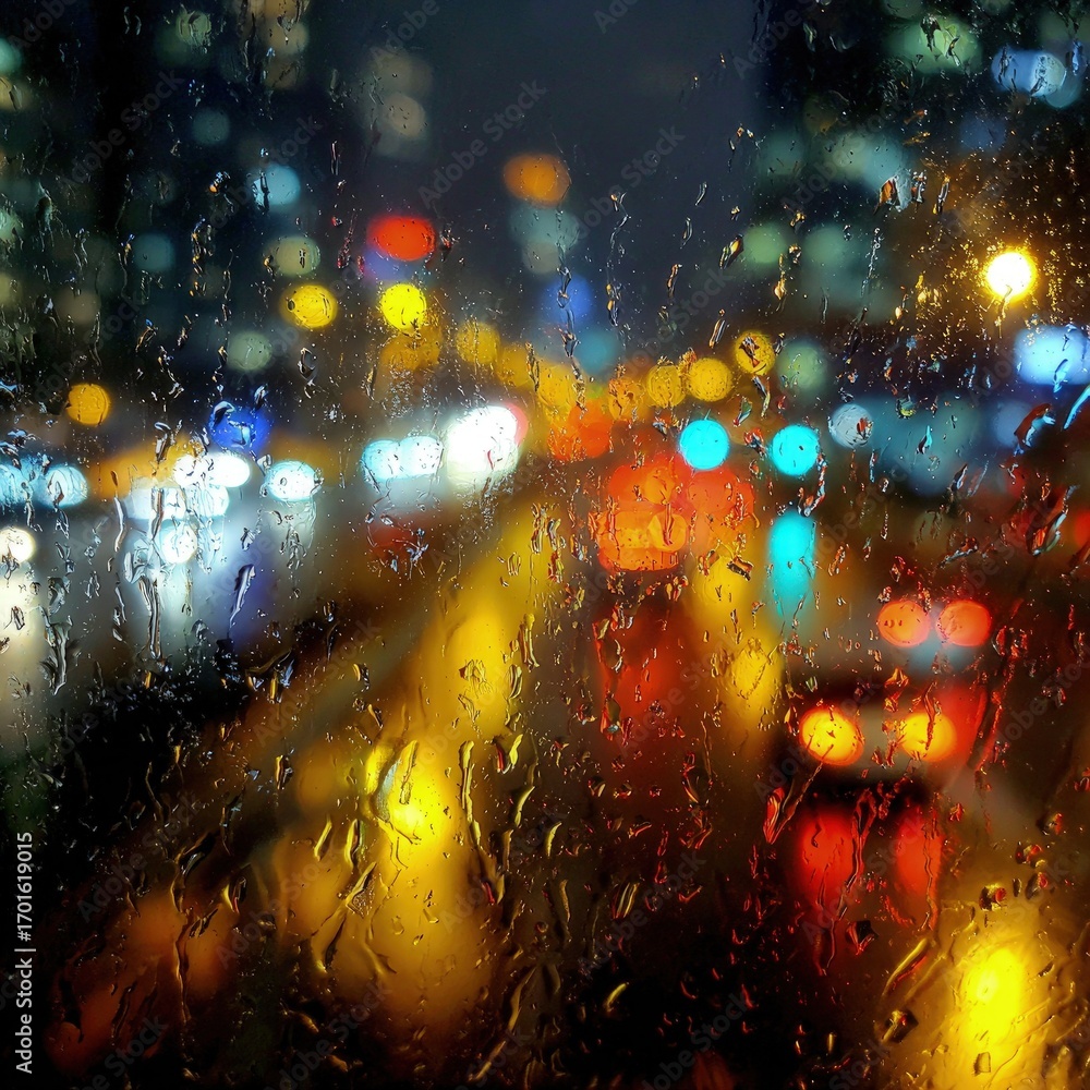 Obraz premium City Night View Through Rainy Window