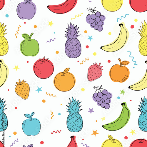 Colorful fruit pattern featuring apples, bananas, pineapples and strawberries, patern seamless, Stock royalty.