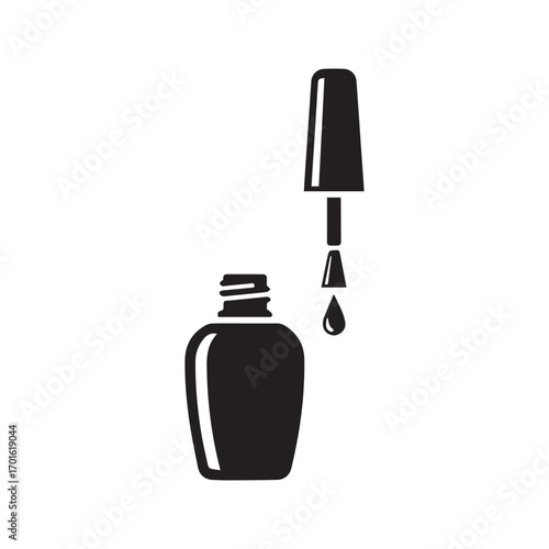 Open nail polish bottle with dripping brush, black and white manicure vector icon.
