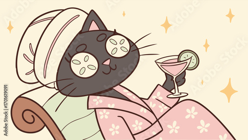 A cute black cat enjoying a spa day, wearing a turban and robe, with cucumber slices on its eyes and a cocktail