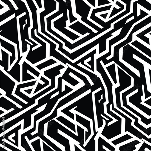 Abstract black and white geometric pattern with sharp lines and angles creating a complex design, seamless pattern, Stock royalty.