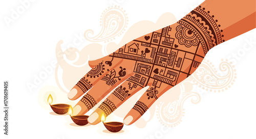 Beautifully Decorated Hand with Intricate Henna Patterns and Diyas.