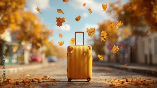 Autumn Travel: Yellow Suitcase on Fall Street