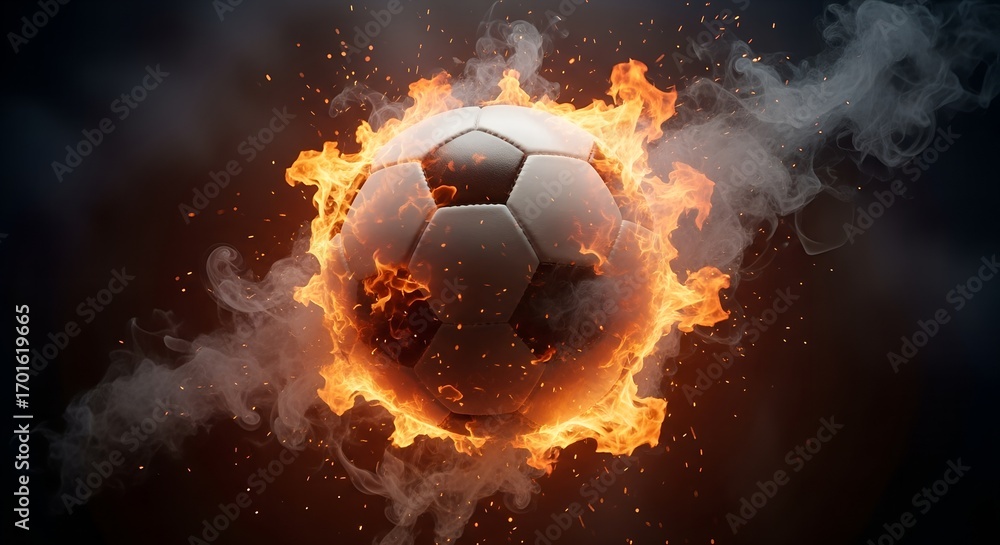 Fototapeta premium Soccer ball engulfed in bright orange flames and smoke football fire.