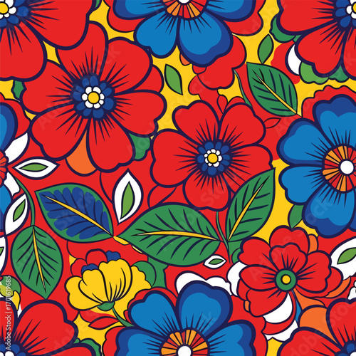 Wallpaper Mural Colorful floral vector pattern featuring red and blue flowers with green leaves, patern seamless, Stock royalty image. Torontodigital.ca