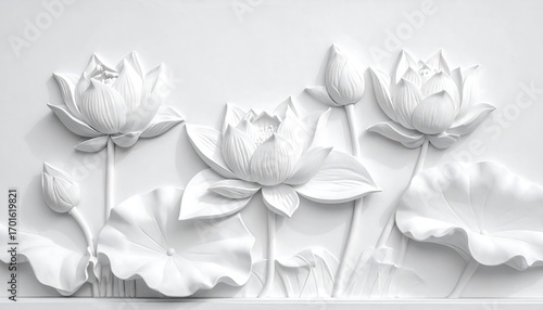 Ornate, three-dimensional lotus flowers in a pristine white bas-relief design adorn a smooth, white surface.