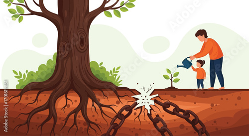 Father and child planting a tree, symbolizing growth and breaking free from chains.