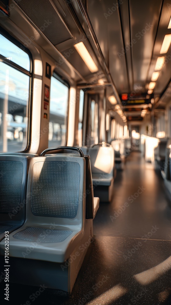 Fototapeta premium Empty Modern Subway Car, Sunlight Streaming Through Windows