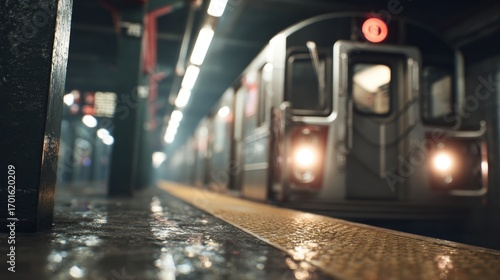 Subway Train Arriving at Station - Wet Platform