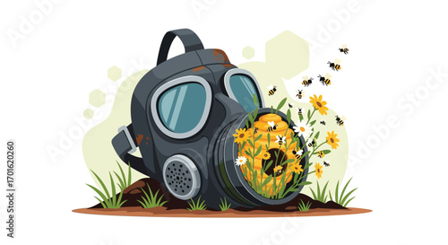 Gas Mask with Flowers Growing Out of It.