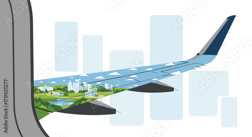 Airplane wing with green landscape and city reflection.