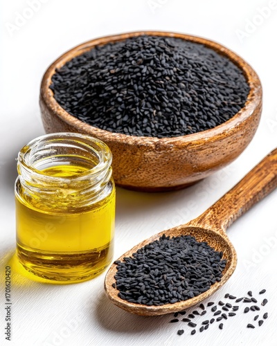 Black Sesame Seeds And Oil In Wooden Bowl And Spoon On White Background