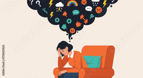 Mental Health Stress Anxiety Depression Woman Overwhelmed by Negative Thoughts