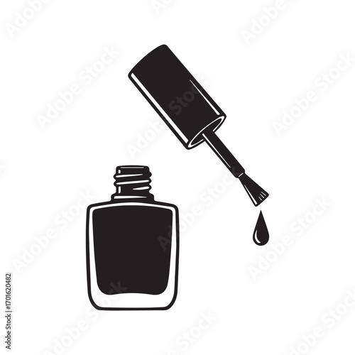 Open nail polish bottle with dripping brush, black and white manicure vector icon.
