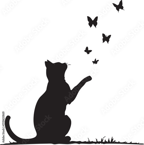 Cat reaching for butterflies black silhouette illustration with grass detail on white background for nature and pet themes