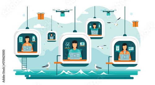 Futuristic transportation pods with people working and drones delivering packages.