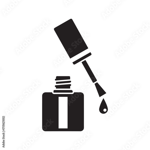 Open nail polish bottle with dripping brush, black and white manicure vector icon.
