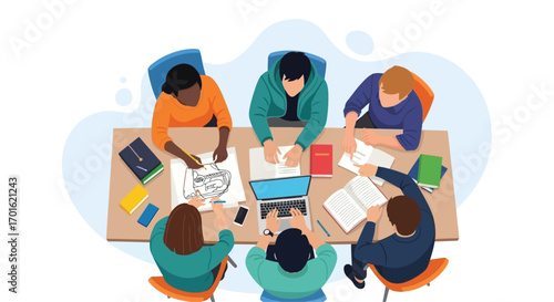 Diverse group of students collaborating around a table.