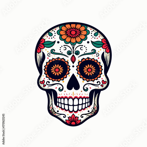 illustration, mexico, art, skull, vector, mexican, death, halloween, flower, dead, celebration, holiday, background, day, design, skeleton, floral, head, pattern, symbol, culture, spooky, sugar, carto