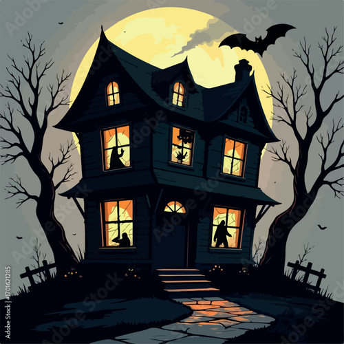 halloween, night, house, moon, castle, bat, silhouette, haunted, holiday, illustration, vector, autumn, tree, horror, cartoon, dark, spooky, scary, pumpkin, hill, bats, mansion, cemetery, party