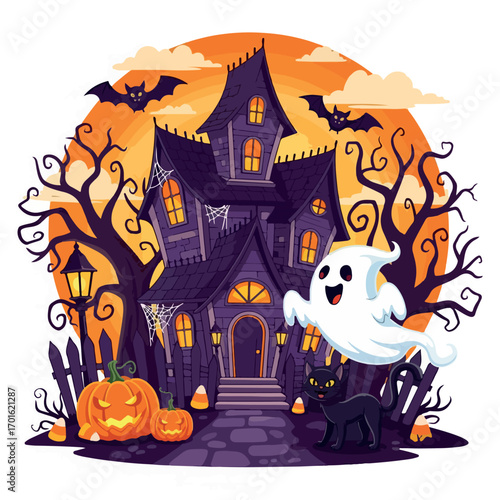 halloween, night, house, moon, castle, bat, silhouette, haunted, holiday, illustration, vector, autumn, tree, horror, cartoon, dark, spooky, scary, pumpkin, hill, bats, mansion, cemetery, party