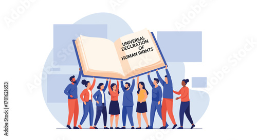 Group of diverse people holding up the Universal Declaration of Human Rights book.