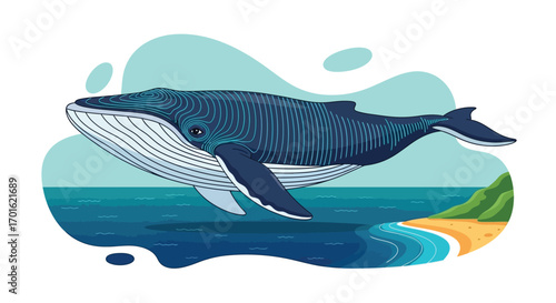 Blue whale swimming in ocean near tropical island coast.