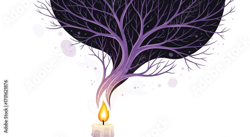 Candle flame transforming into a mystical tree with bare branches.