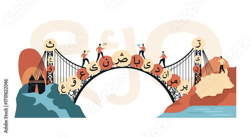 Bridge connecting two lands with Arabic calligraphy and people.