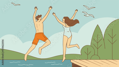 A joyful couple jumps into the water from a wooden dock, celebrating summer vacation and outdoor recreation with a backdrop of trees and sky
