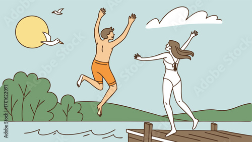 A happy couple leaps into the water from a wooden pier under a bright sun and blue sky, embodying summer fun and outdoor adventure