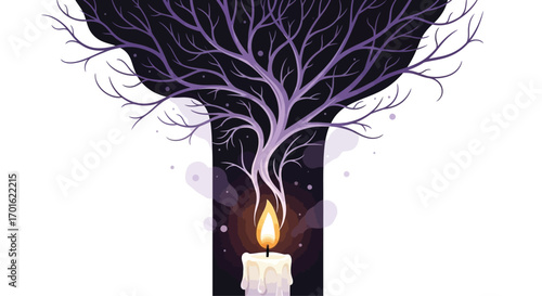 Candle flame transforming into a dark tree silhouette.