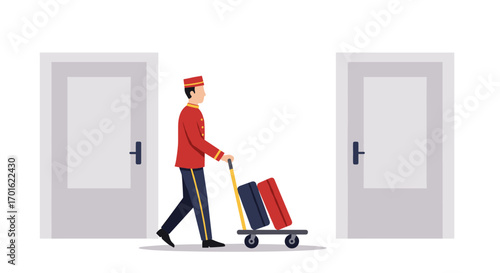 Hotel bellhop in uniform pushing luggage cart in modern hallway