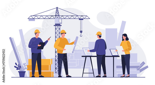 Construction team collaborating on project plans at building site