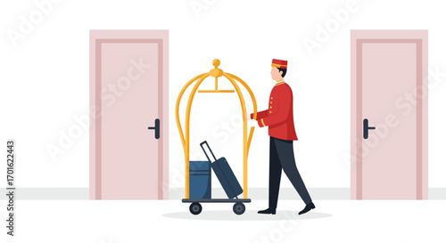 Hotel bellhop in uniform walking down hallway with luggage cart