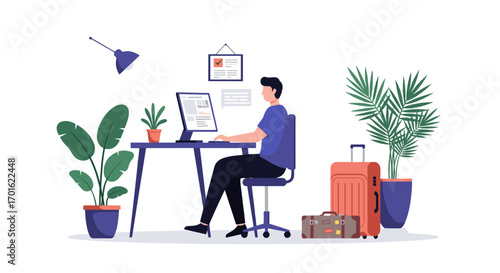 Remote work setup with luggage and plants in modern workspace