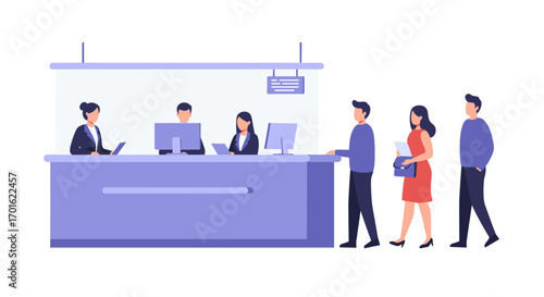 Modern office reception with people queuing for service in a minimalistic flat design