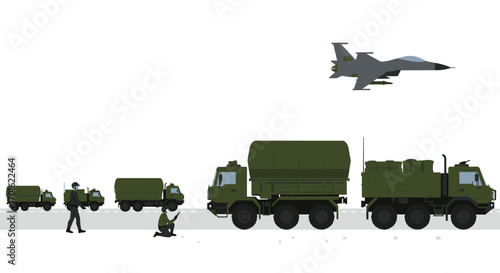 Military vehicles and fighter jet in flat style