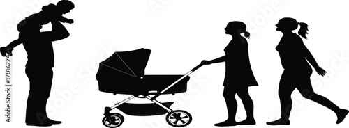 PrintSilhouette of Family Walking with Baby Stroller, Father Lifting Child, Mother Pushing Pram, Outdoor Parenting Vector Illustration Scene