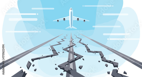 Airplane approaching cracked runway during earthquake disaster.