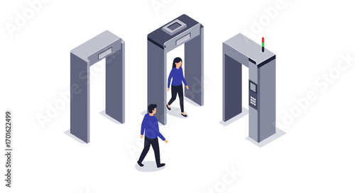 Isometric security checkpoint with metal detectors and people passing through