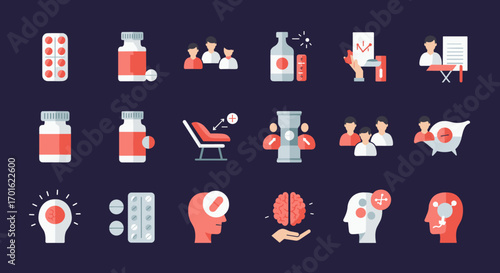 Medical and pharmaceutical icons set featuring flat style illustrations with healthcare elements